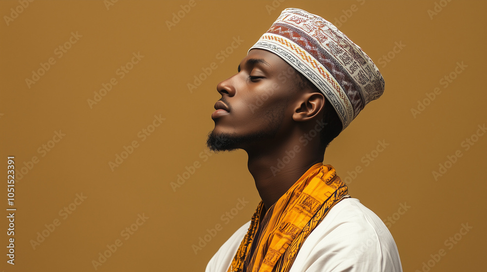 Obraz premium A man in traditional attire with a peaceful expression, standing against a solid olive background. v3