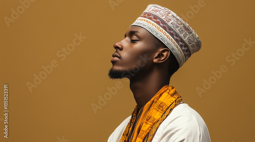 A man in traditional attire with a peaceful expression, standing against a solid olive background. v3 photo