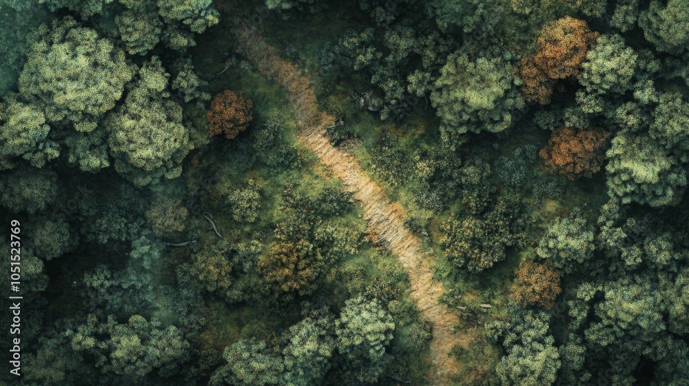 Aerial view of a winding dirt path through a dense forest. Aerial view of a winding dirt path through a dense forest.