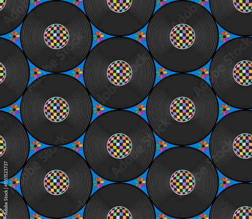 retro music vinyl record with groovy rainbow colorful checkers seamless pattern