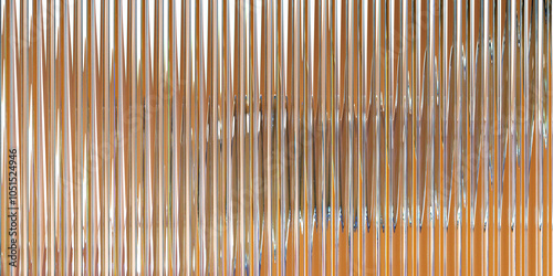 Fototapeta Naklejka Na Ścianę i Meble -  3d corrugated glass render light brown wall background. Ribbed fluted vertical line pattern, crystal glossy stripes with beige gradient texture. Abstract reeded translucent wallpaper. 3D illustration