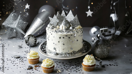 irthday cake with silver confetti and sweet treats with decorations photo