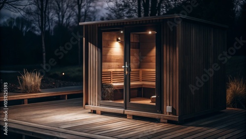 Cozy outdoor sauna at night for relaxation and wellness retreat