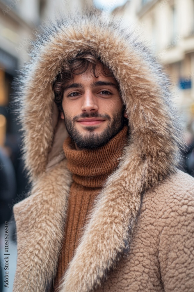A young man with a beard smiles while wearing a brown fur-lined coat. A young man with a beard smiles while wearing a brown fur-lined coat.