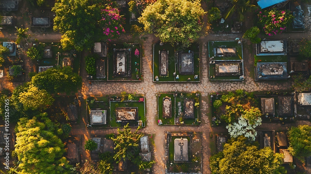 An aerial view of a cemetery in Dili, capturing the diverse designs and colors of the graves, each uniquely adorned, with pathways winding between them under a clear sky. An aerial view of a cemetery in Dili, capturing the diverse designs and colors of the graves, each uniquely adorned, with pathways winding between them under a clear sky.