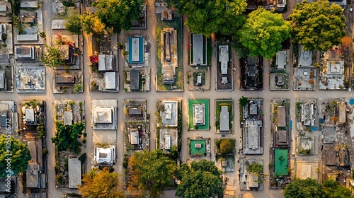 An aerial view of a cemetery in Dili, capturing the diverse designs and colors of the graves, each uniquely adorned, with pathways winding between them under a clear sky. photo