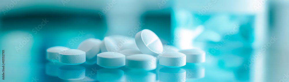 Closeup of prescription tablets on reflective surface, showcasing their round shape and smooth texture. background features blurred bottle, creating calming atmosphere Closeup of prescription tablets on reflective surface, showcasing their round shape and smooth texture. background features blurred bottle, creating calming atmosphere