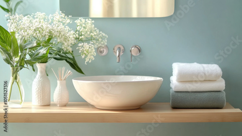 Wallpaper Mural Vase with beautiful pink tulips and toiletries near sink in bathroom Torontodigital.ca