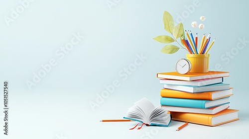 Stacked Textbooks: Set of stacked textbooks with different subjects, displayed on a white background.