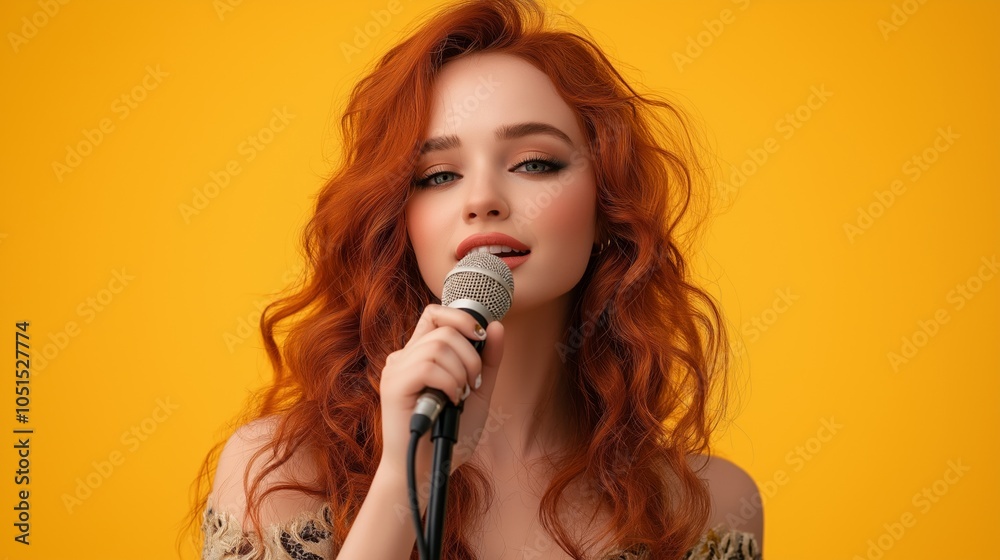 Vibrant Red-haired Singer with Microphone Posing Against Bright Yellow Background Capturing Musical Passion and Energy in Stock Photography Vibrant Red-haired Singer with Microphone Posing Against Bright Yellow Background Capturing Musical Passion and Energy in Stock Photography