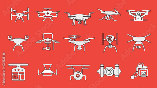 Drone usage and applications for security and emergency. Vector icons of drones, one line stroke icon, disaster recovery, recovery