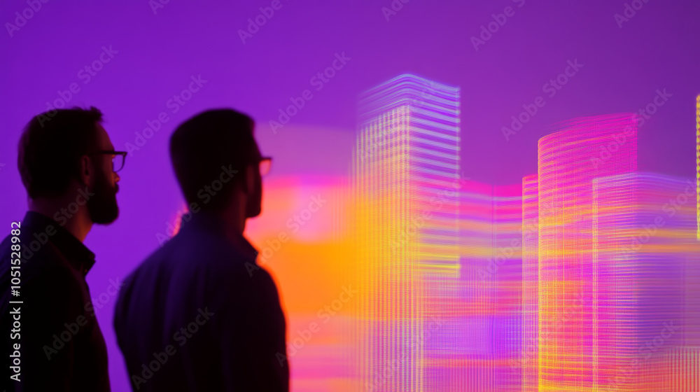 Innovative team analyzing energy distribution with vibrant visuals. colorful light patterns create dynamic atmosphere, showcasing modern technology and collaboration Innovative team analyzing energy distribution with vibrant visuals. colorful light patterns create dynamic atmosphere, showcasing modern technology and collaboration