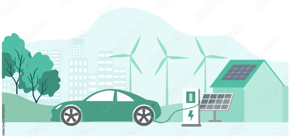 Electric car, EV car, car charging battery at electric charging station with solar panel and wind turbines. Sustainable green energy for ecology environment. Electric car, EV car, car charging battery at electric charging station with solar panel and wind turbines. Sustainable green energy for ecology environment.