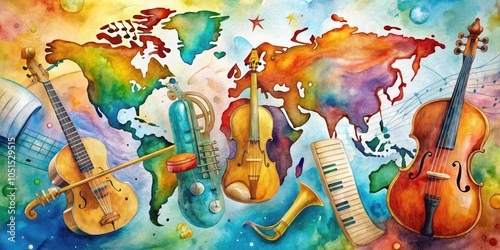 Watercolor painting of a vibrant world of music with instruments and notes scattered in the background, music, world