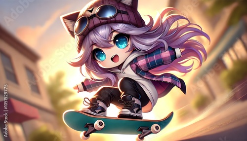 A cute, dynamic character skateboarding