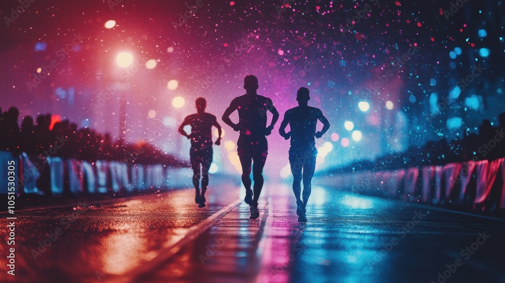 Runners crossing the finish line in a race, focus on victory, outdoor track, vibrant lighting, double exposure silhouette with finish tape and cheering crowd Runners crossing the finish line in a race, focus on victory, outdoor track, vibrant lighting, double exposure silhouette with finish tape and cheering crowd