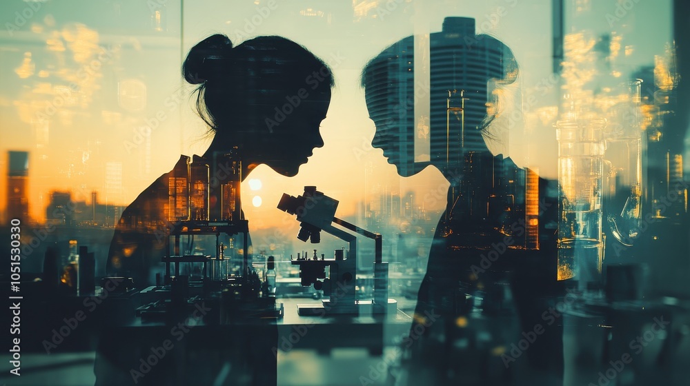 Scientists conducting experiments in a modern laboratory, focus on precision, clean backdrop, bright tones, double exposure silhouette with test tubes and microscopes Scientists conducting experiments in a modern laboratory, focus on precision, clean backdrop, bright tones, double exposure silhouette with test tubes and microscopes