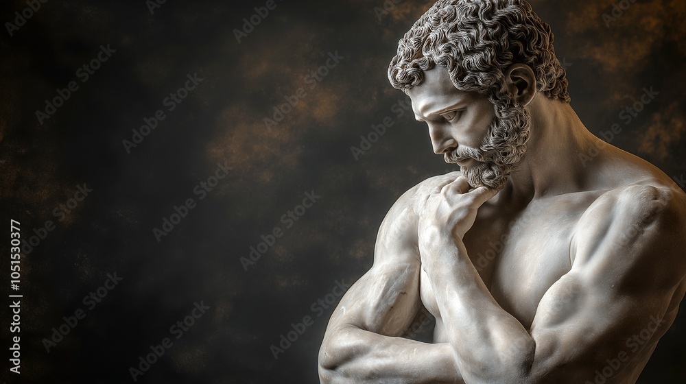 Fototapeta premium Marble statue of a muscular man in a thoughtful pose against a dark background
