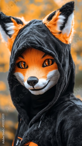 A furry fox with a black hoodie, looking at the camera with a mischievous grin. photo