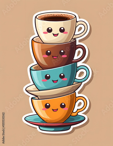 Cute stacked cups with happy faces, cheerful mood, on a beige background, copy space