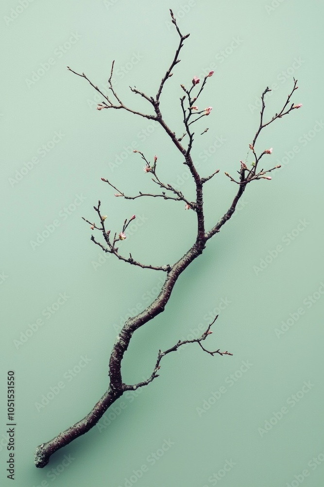 Fototapeta premium Minimalist green background with a dead tree branch with some small flowers in it. 