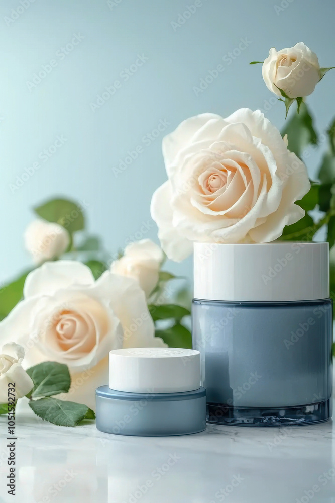 Elegant skincare products displayed beside fresh roses