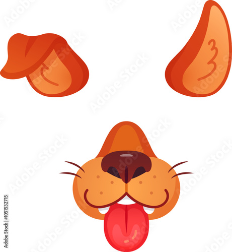 Cartoon dog features including ears, nose, and tongue sticking out, ideal for playful photo filters and social media enhancements