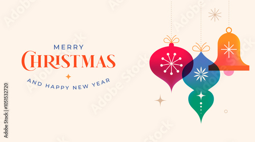 Merry Christmas and Happy New Year. Concept Christmas background with colorful gradient Xmas ornaments and decorations