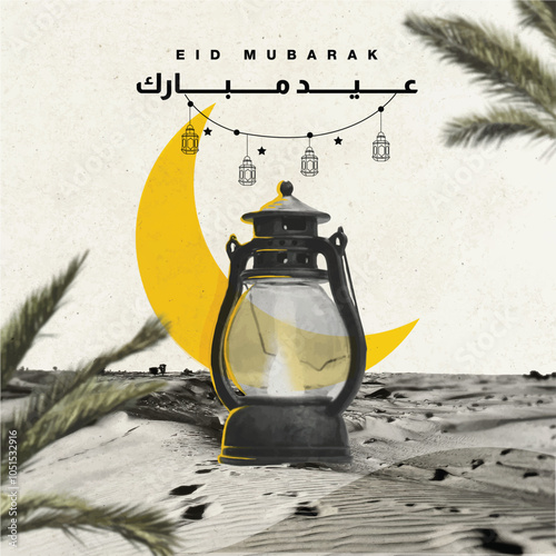 Eid mubarak post with old arabic lantern a crescent yellow moon in a arabian theme vector