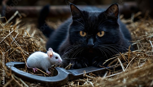 A close-up of a black cat in a suburban area watches over a population of mice. Smooth camera parallax photo