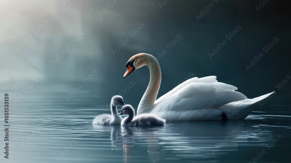 Fototapeta premium a swan swimming with two cygnets in tranquil blue water