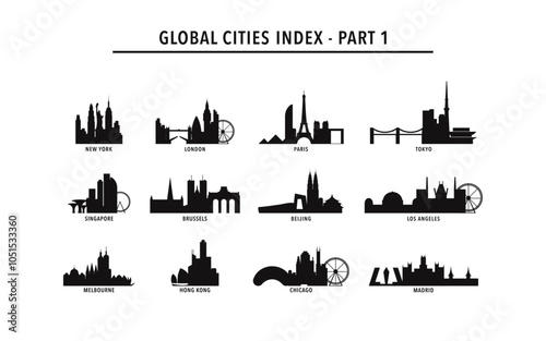 Best global cities - logo, icon pack with skylines of New York, London, Paris, Tokyo, Beijing, Brussels, Singapore, Los Angeles, Melbourne, Hong Kong, Chicago, Madrid