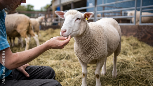 Man Gently Feeds Sheep Hay In Farm photo