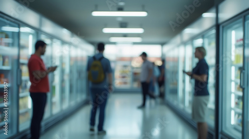 The image shows shoppers in a supermarket standing in an aisle between rows of refrigerators with beverages