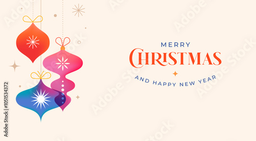 Merry Christmas and Happy New Year. Concept Christmas background with colorful gradient Xmas ornaments and decorations