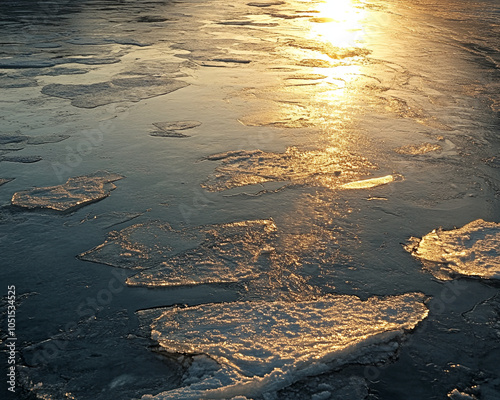 serene frozen lake with patches of clear ice reflecting warm glow of setting sun. tranquil scene captures beauty of winters icy landscape