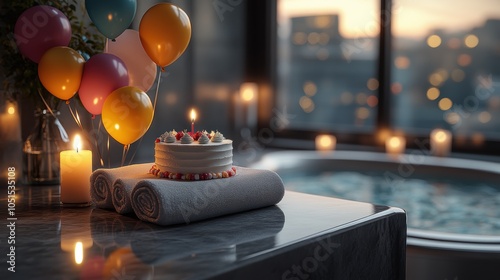 Luxurious spa room adorned with colorful balloons and birthday cake, featuring calming jacuzzi and candlelight ambience for celebration