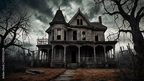 A haunted Victorian mansion, eerie graveyard dark moody sky, gothic horror, spooky setting V3