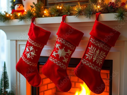 Festive stockings, cozy fireplace scene photo