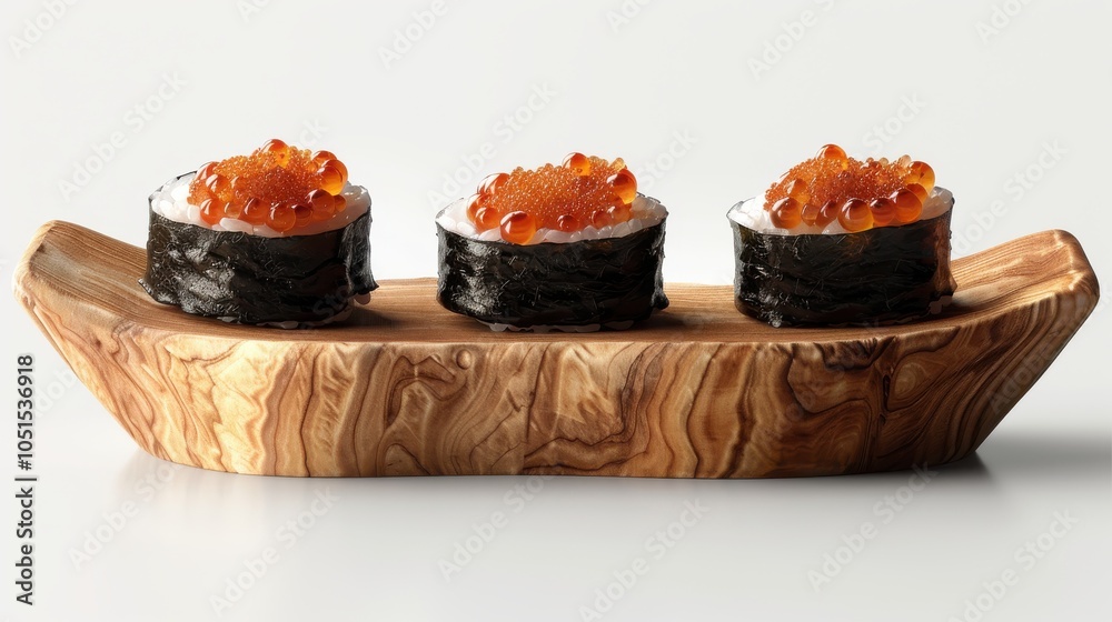 Three sushi rolls are sitting on a wooden tray. Generative AI Three sushi rolls are sitting on a wooden tray. Generative AI