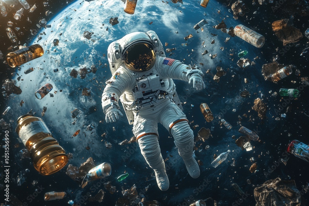 Fototapeta premium Astronaut Floating Amidst Orbital Debris in Space Environment