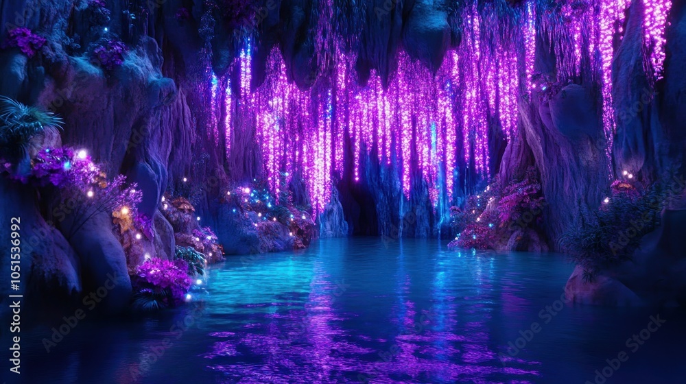 Fototapeta premium A serene cave with glowing purple and blue lights reflecting on calm water.