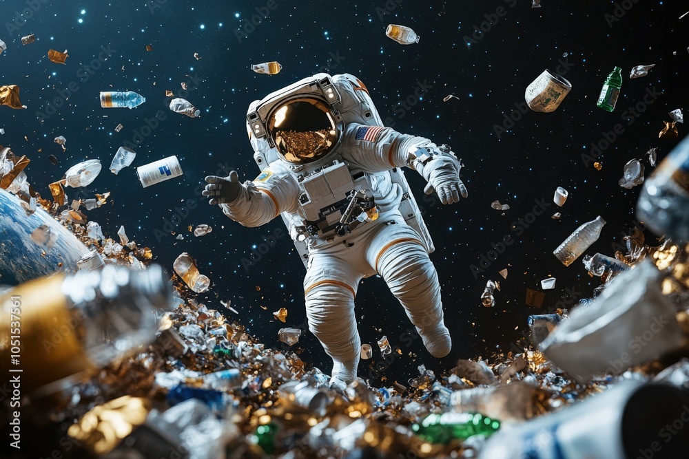 Fototapeta premium Astronaut Floating Amidst Space Debris: A Call for Environmental Awareness