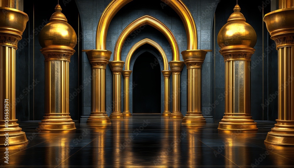 Fototapeta premium Golden Columns and Arched Entryway in a Grand Hall