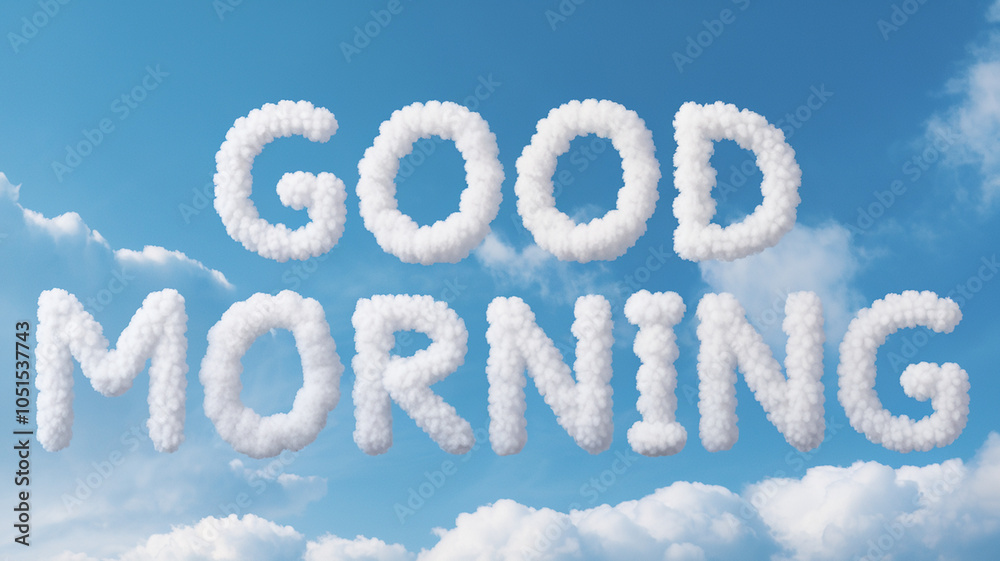 clear light blue spring sky with fluffy white clouds shaped into the words 'good morning'' only the words are formed by clouds with no additional clouds in the sky