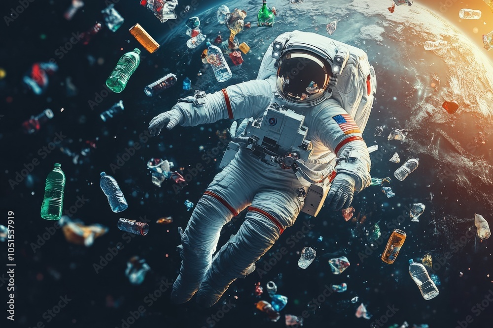 Fototapeta premium Astronaut Floating Among Space Debris: A Call for Environmental Awareness