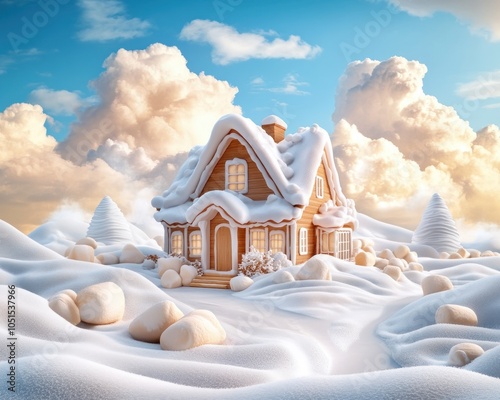Cozy Gingerbread House with Marshmallow Accents in a Snowy Holiday Setting Crafting Gingerbread Houses with Marshmallow Details for a Magical Festive Ambiance