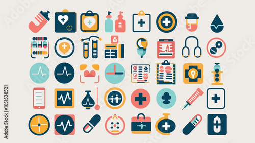 Healthcare icon set. Containing treatment, prevention, medical, health, diagnosis, report, illness, injury and more. Solid vector icons collection, Health Care Costs, Health care