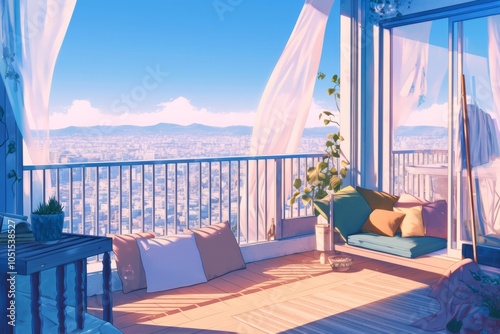 Charming Balcony Featuring Colorful Cushions, Gentle Curtains Swaying in the Wind, and a View of the City Below. Cozy Vibe, Generative AI photo