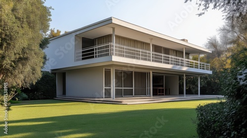 Modern minimalist two-story house with white walls and metal accents